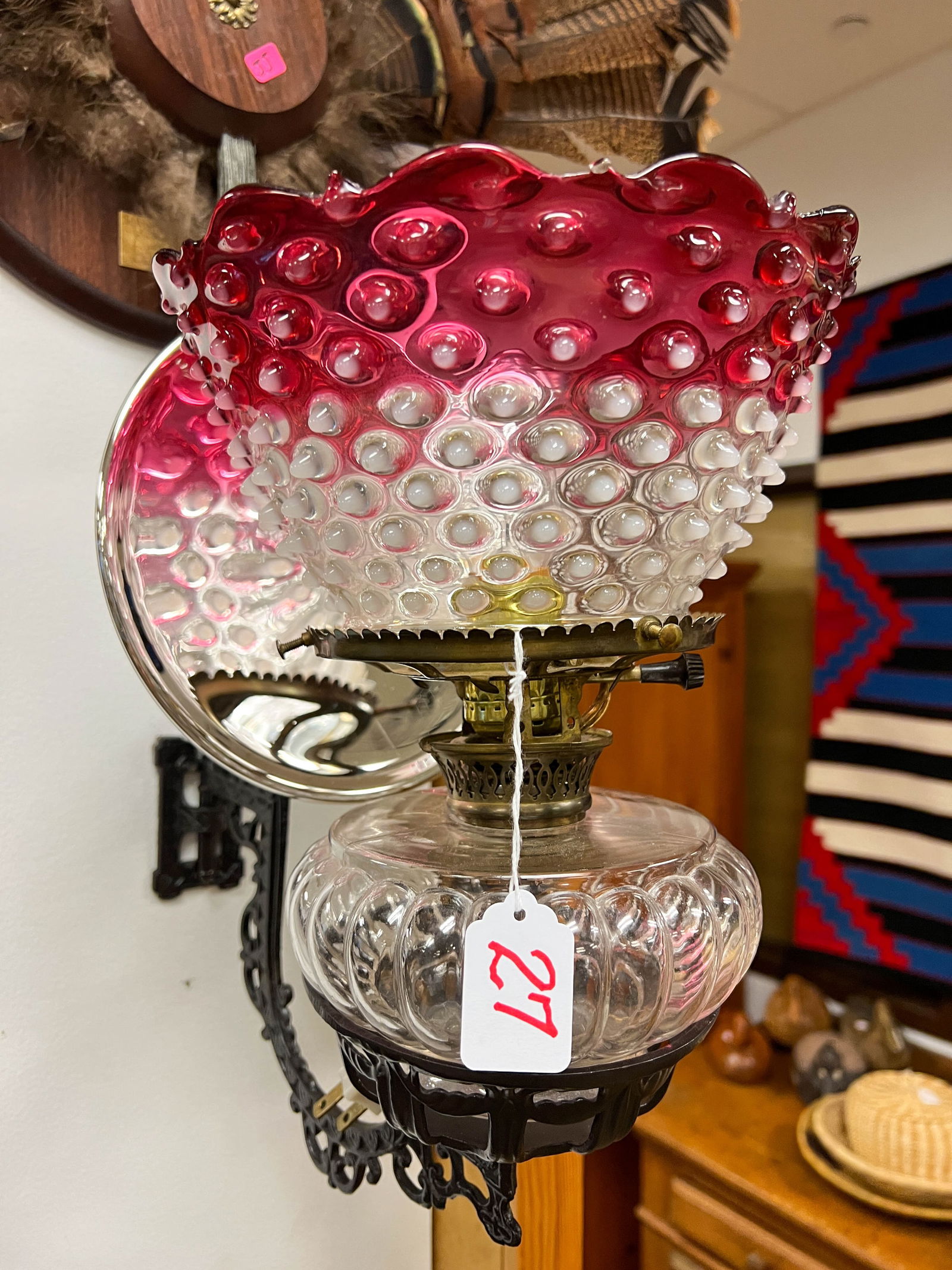 Bracket Lamp with Hobnail Ruby to Clear Shade (1 of 5)