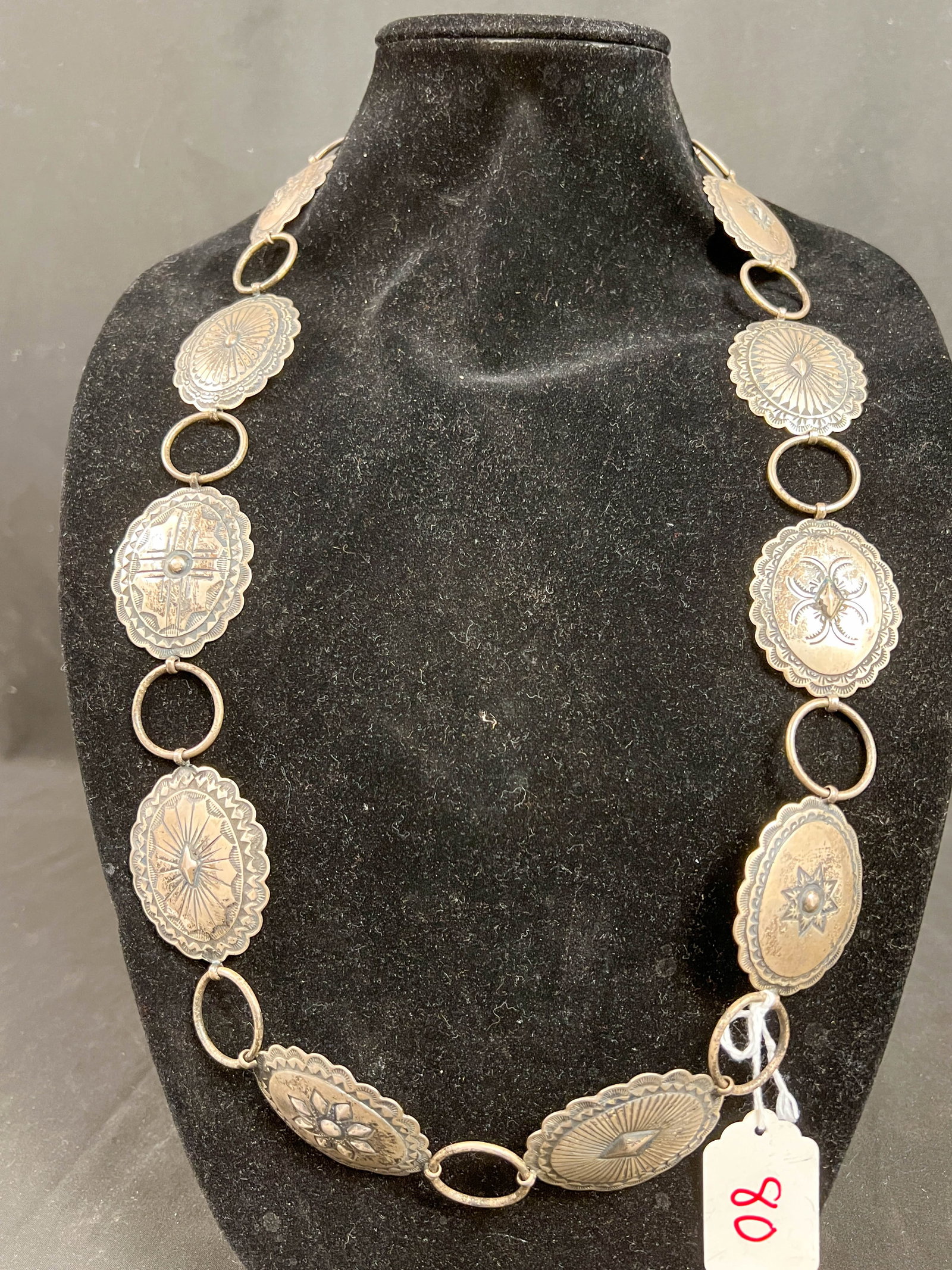 Vintage Navajo Stamped Sterling Silver Concho Belt: Vintage Navajo stamped sterling silver turquoise concho belt. 37" - 40" long. Conchos measure 1.75" x 1.5". Belt weighs 180 grams and is signed Taos Arts.