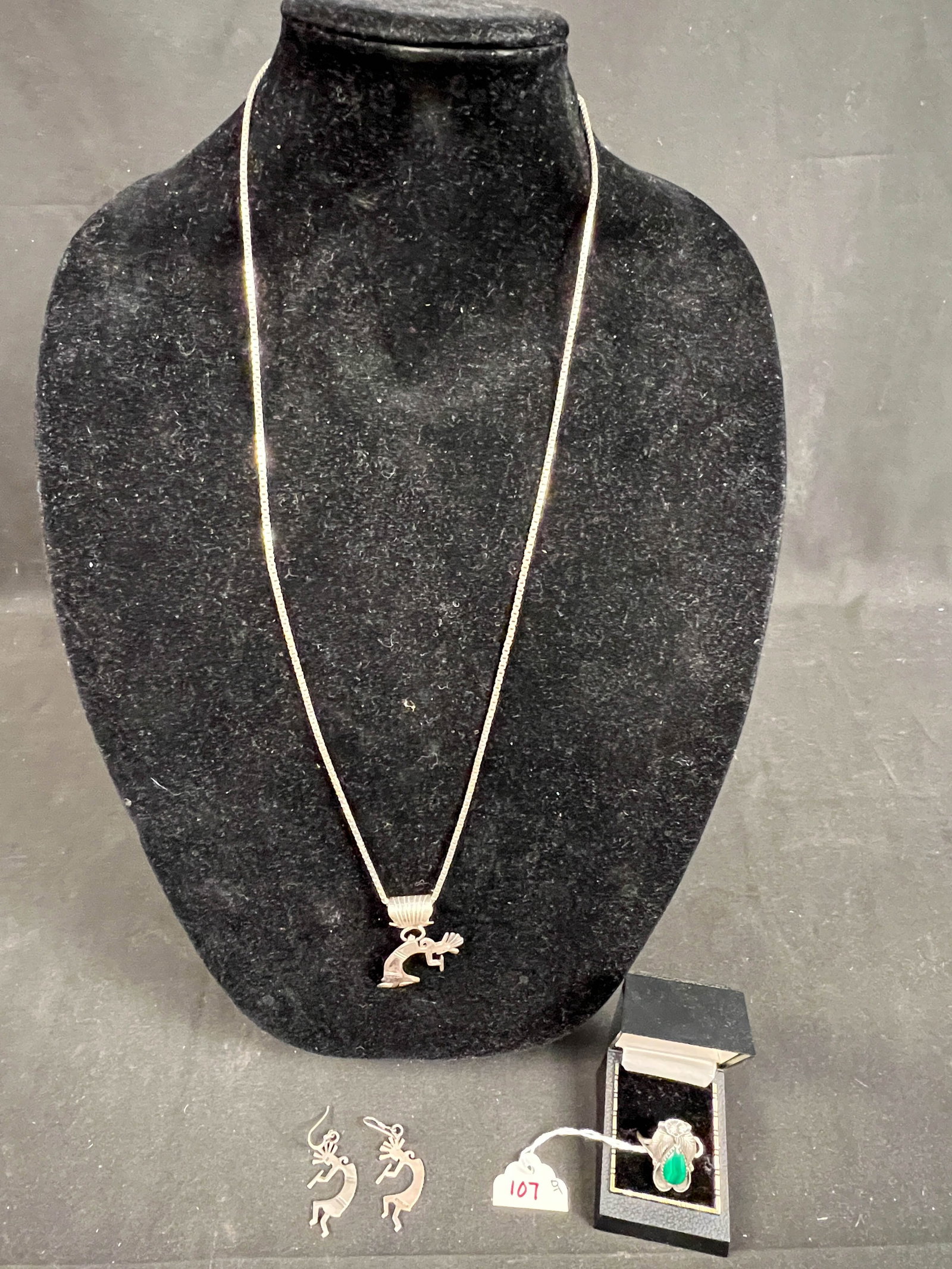 Sterling Kokapelli Necklace, Earrings and Malachite Ring (1 of 6)