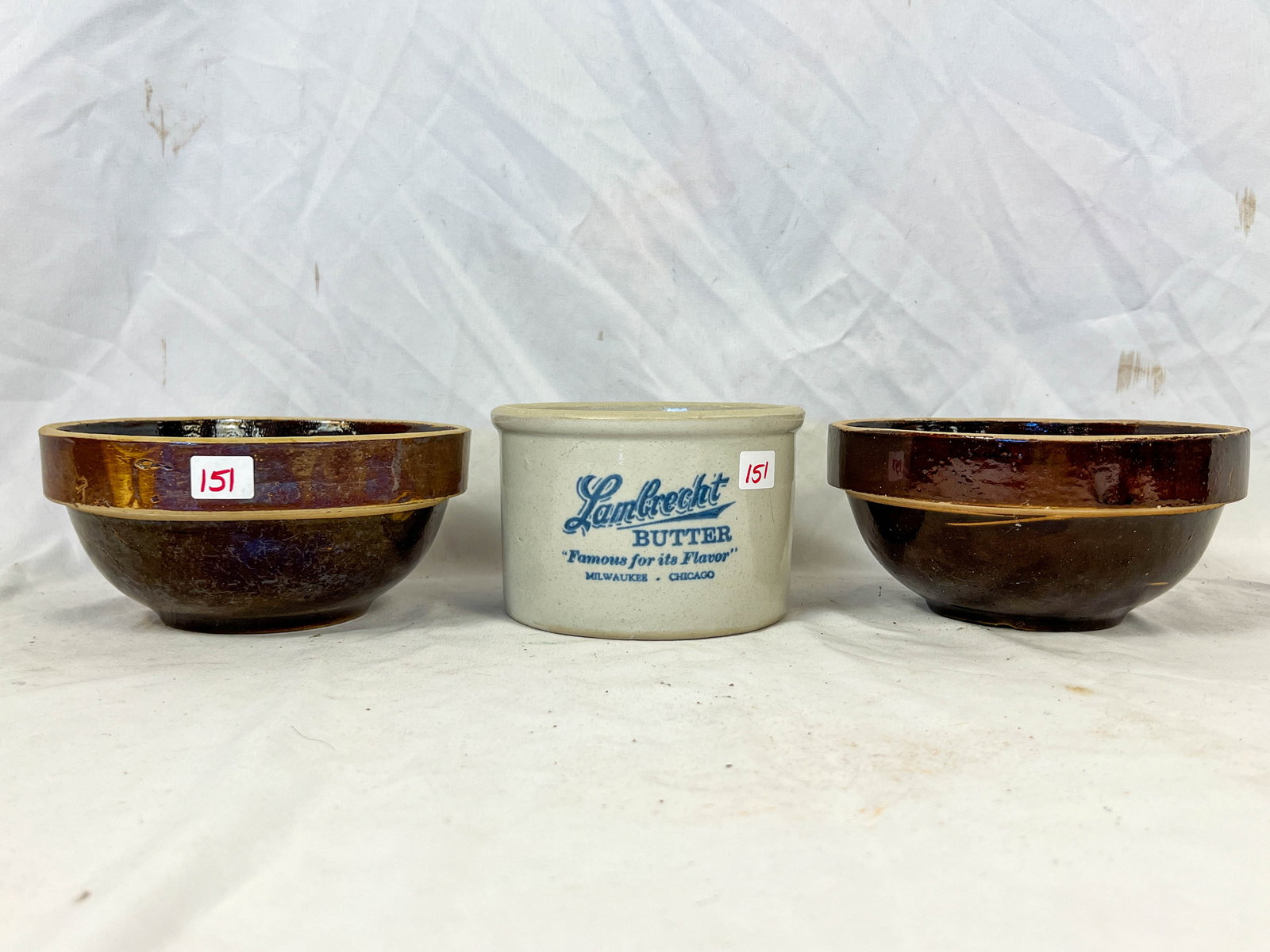 Lambrecht Butter Crock and 2 Pottery Bowls (1 of 3)