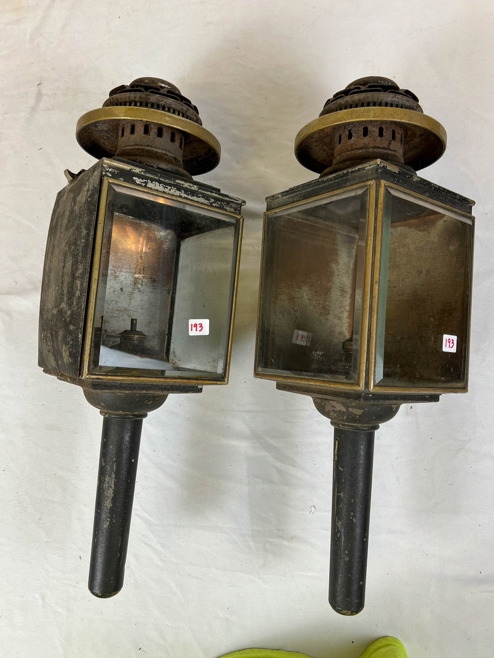 Matched Pair of Carriage Lamps: Matched pair of carriage lamps. Original blue glass and burners. They have not been drilled.