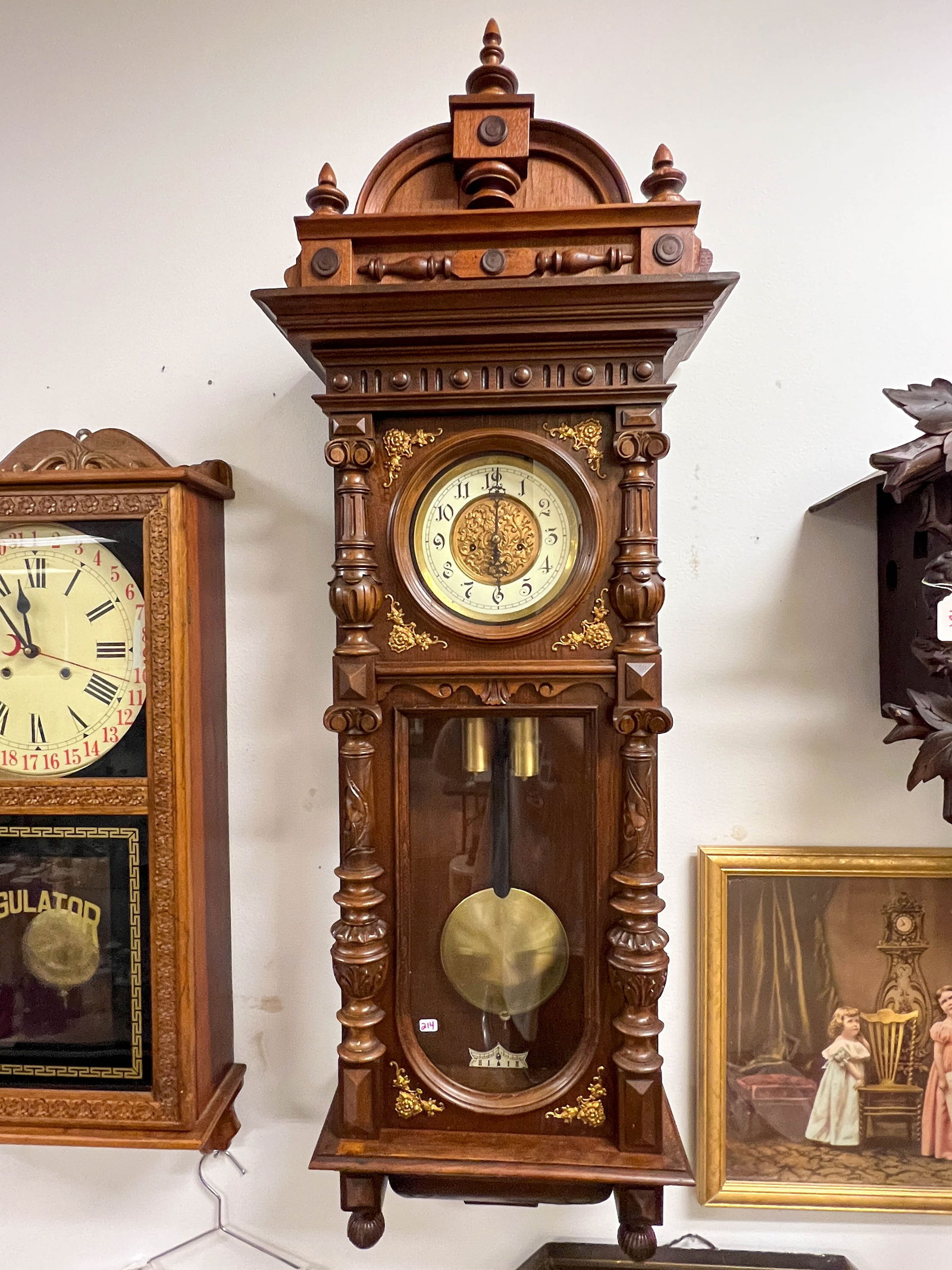 Immense Swiss Bankers Wall Hung Regulator Clock Fancy Face with Elaborate Case: Immense Swiss bankers wall hung regulator clock. Fancy face with elaborate case