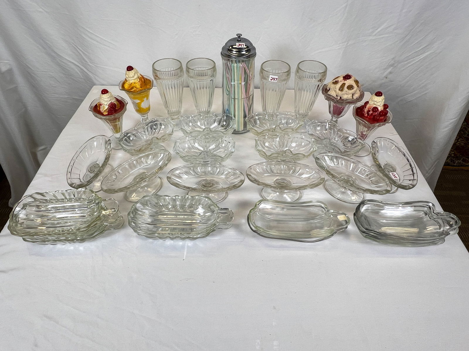 Mixed Lot of Vintage Ice Cream/Soda Fountain Serving Dishes and Fake Sundae and Ice Cream Cones: Mixed lot of vintage ice cream/soda fountain serving dishes and fake sundae and ice cream cones