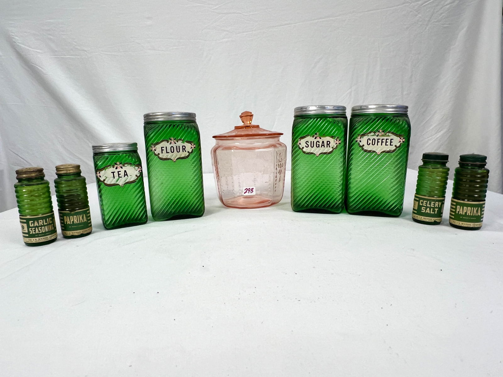 Green Depression Glass with Biscuit Jar (1 of 2)