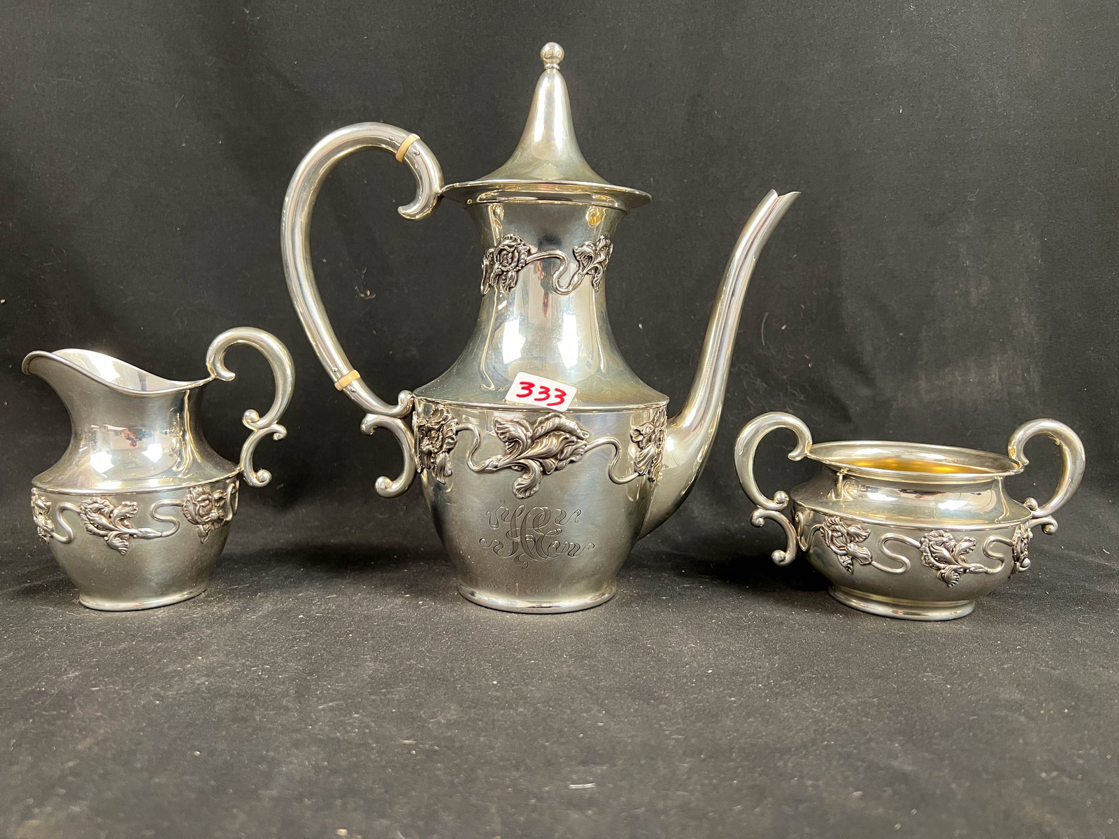 Sterling Silver 3 piece Tea Set Shreve & Co.  Monogram.  Gorgeous heavily embossed Iris trim (1 of 4)