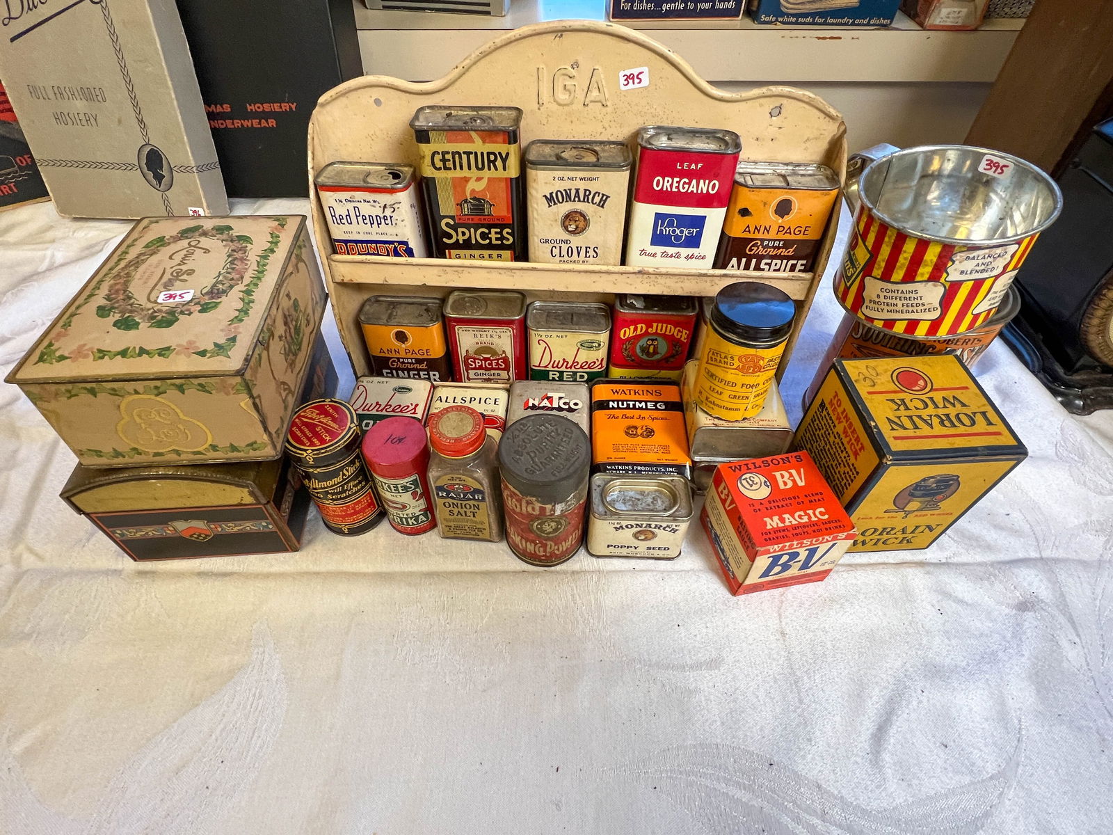 Lot of vintage spices with IGA metal rack, candy tins and more (1 of 3)