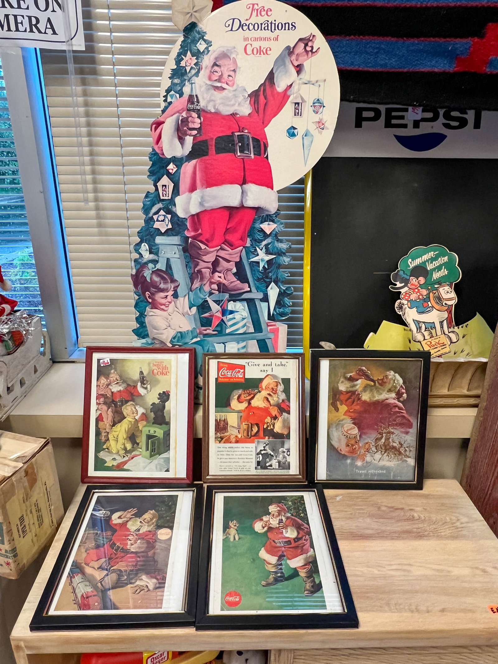 Coke Advertising Sign of Santa, plus 4 framed coke prints (1 of 5)