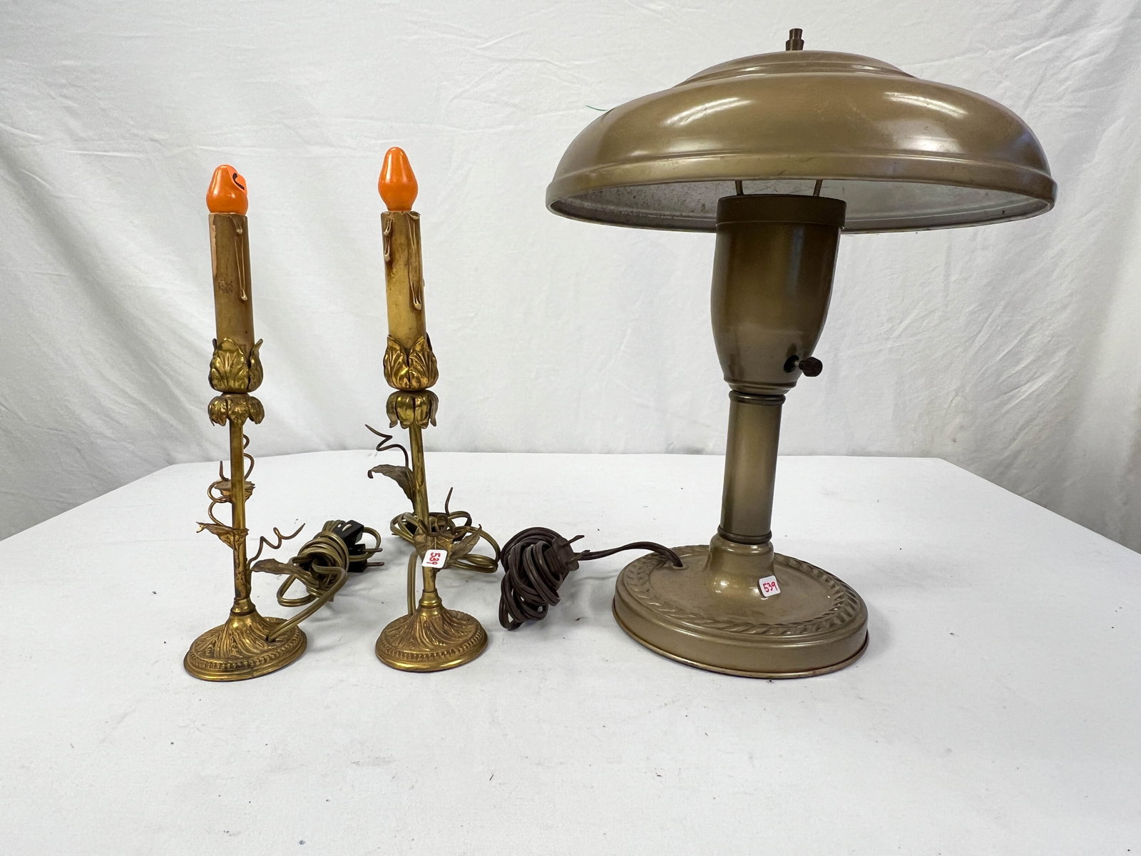 Metal 1940's Saucer Lamp, 2 Brasslike Candlestick Lights with Leaves.: Metal 1940's Saucer Lamp, 2 Brasslike Candlestick Lights with Leaves.