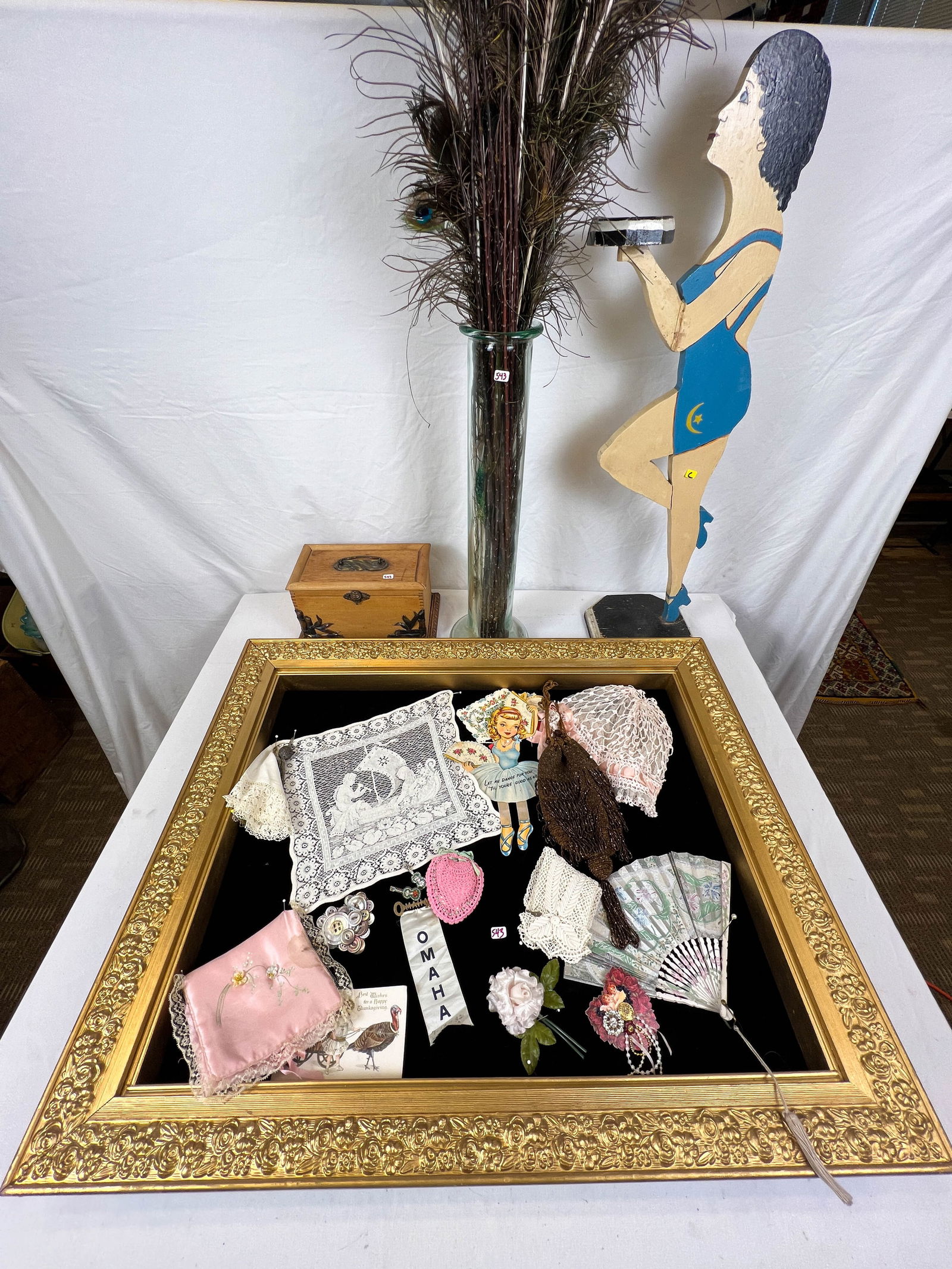 Mixed Lot of Vintage Items-Wood Painted Flapper Girl Ash Tray Holder, Large Glass Vase with Peacock (1 of 14)