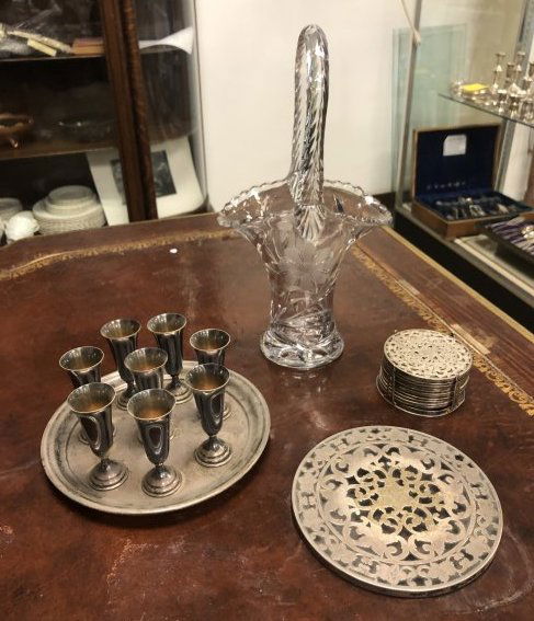 Lot of Sterling Silver Shot Glasses, Tray, Coasters and Crystal Basket (1 of 11)