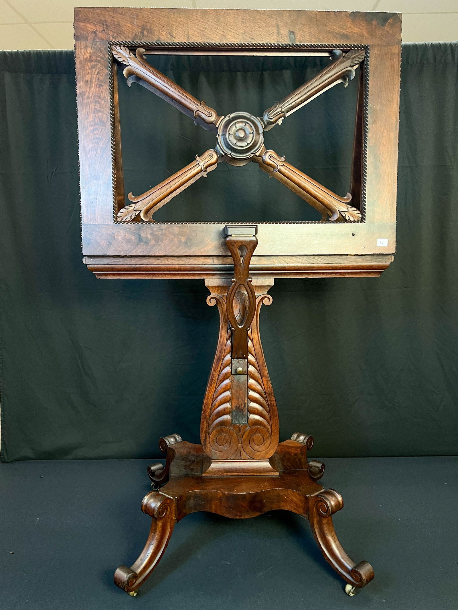 Hand Carved Crotch Mahogany Folio Stand w/Rosewood Pedestal C. 1800 (1 of 19)