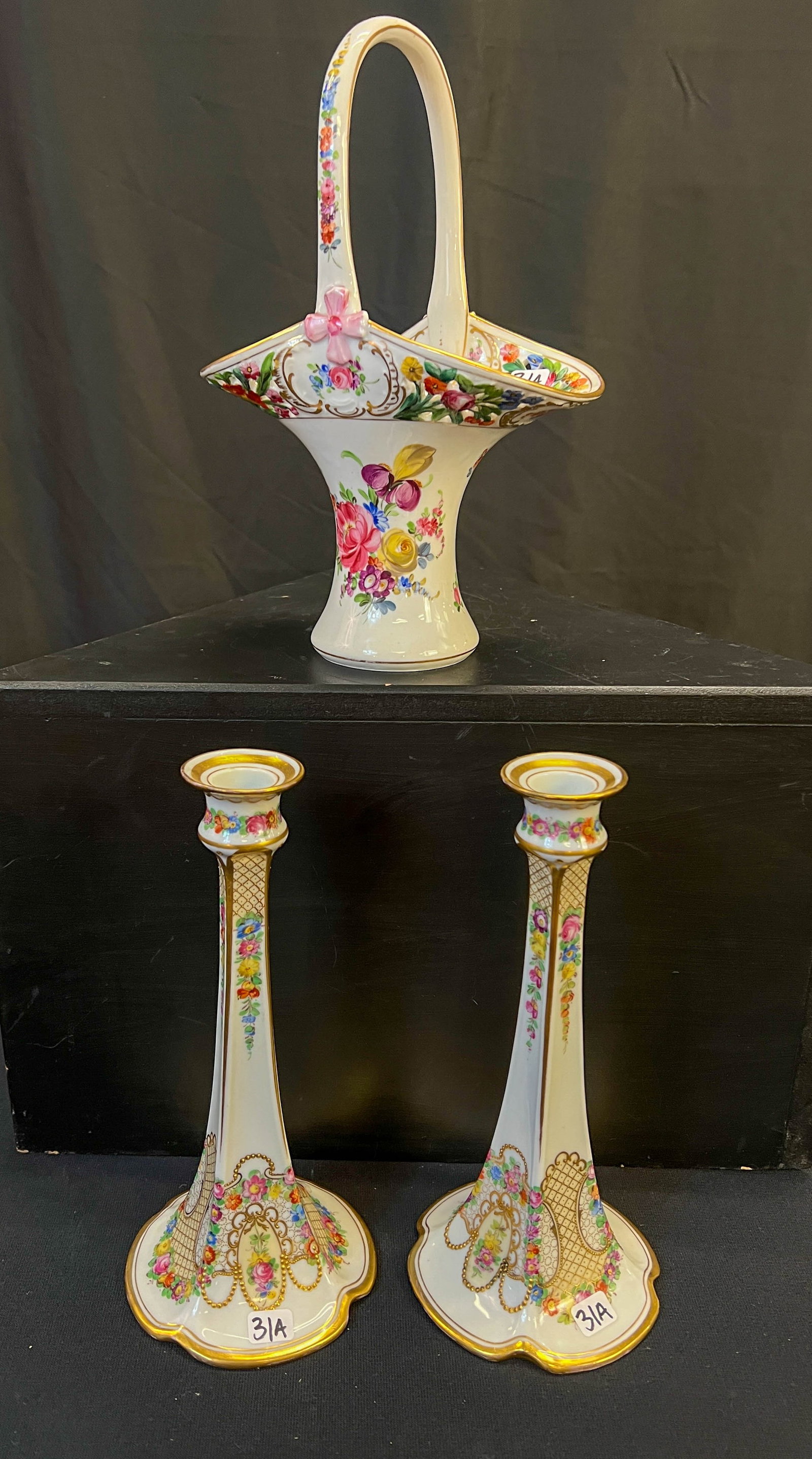 Dresden Hand Painted Porcelain Candlesticks and Reticulated Basket (1 of 15)