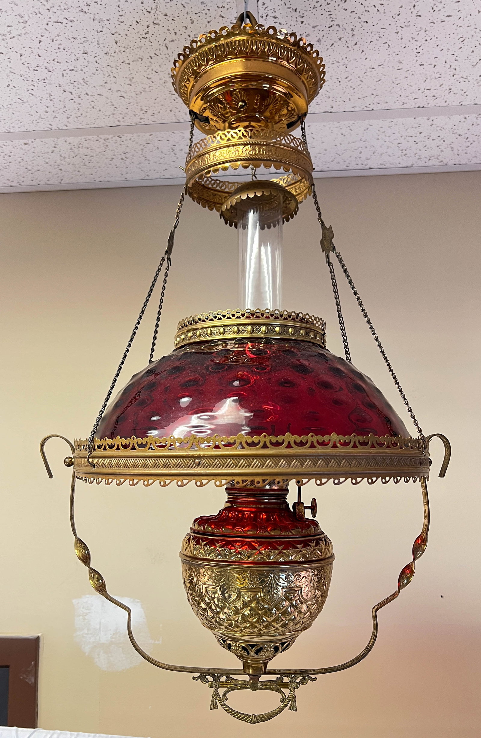 Hanging Oil Lamp Chandelier w/ Pigeon Blood Coin-spot Shade (1 of 9)