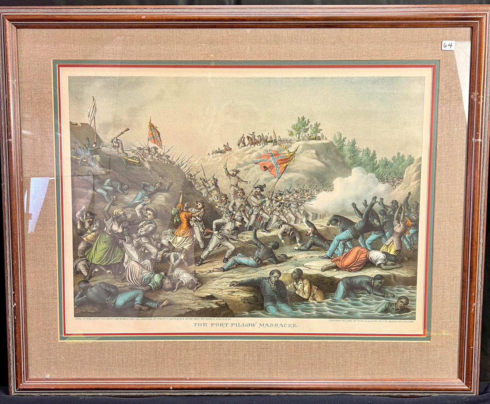 The Fort Pillow Massacre Original Kurz and Allison Chromolithograph c.1892: This original quality matted and framed Civil War chromolithograph c. 1892 is by Kurz and Allison Art Publishers of Chicago. It depicts the Fort Pillow Massacre, a terrible moment in the war when Conf