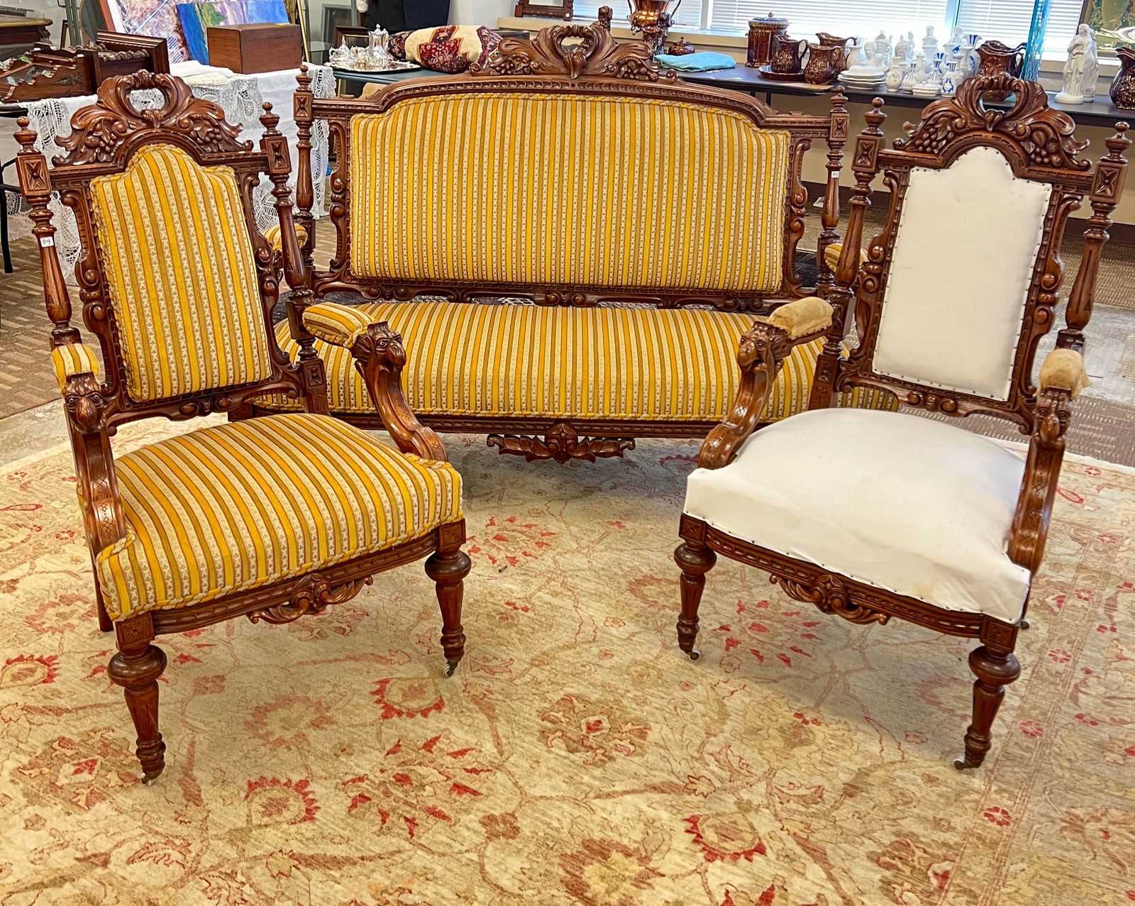 Victorian 3 Piece Heavily Carved Griffin Parlour Set by John Jeliff (1 of 20)