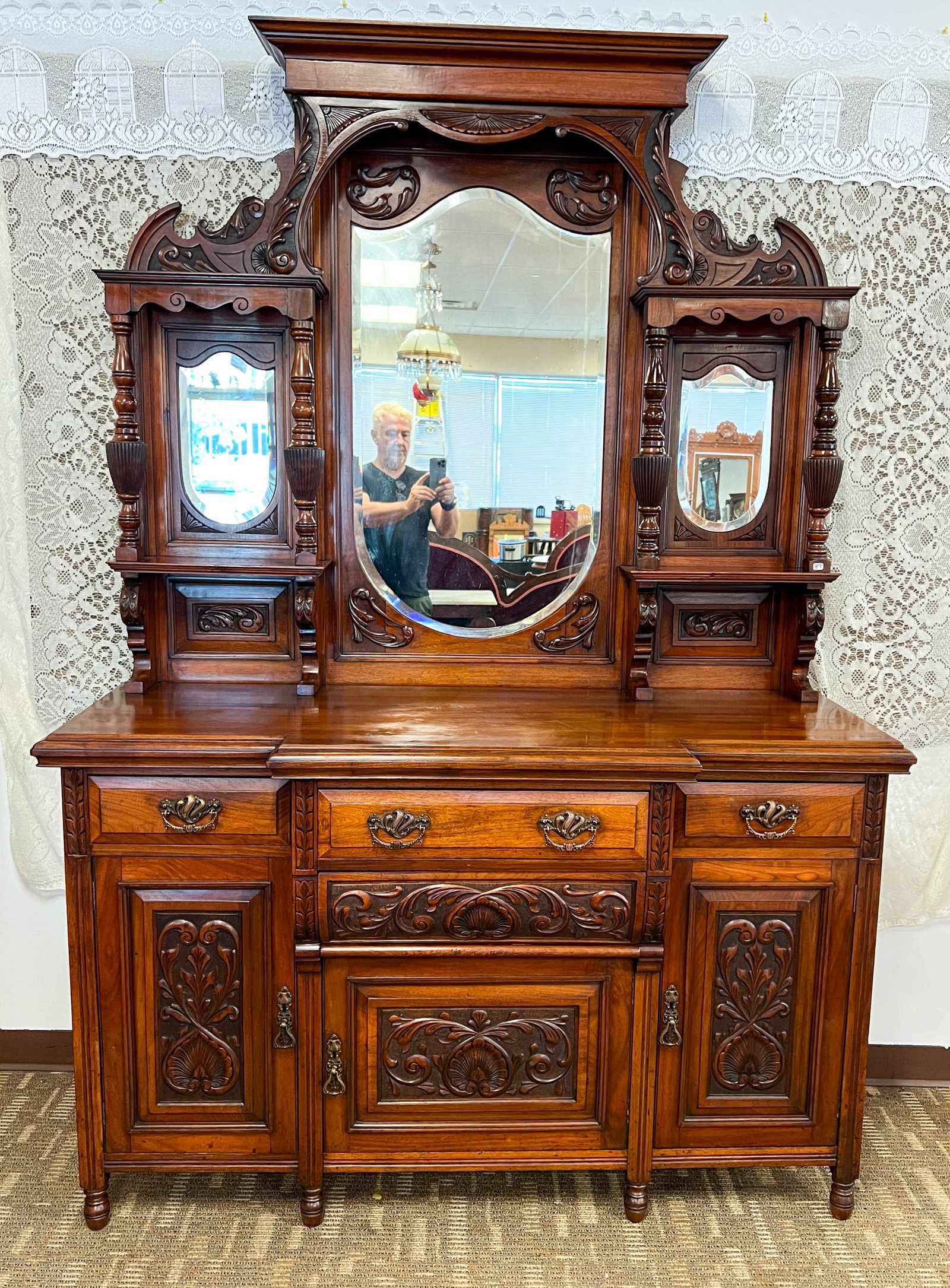 Mahogany Carved Triple Mirror Buffet C. 1880's (1 of 15)
