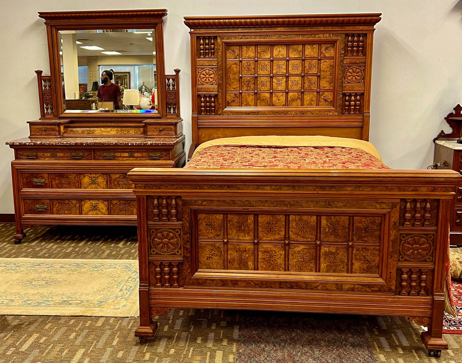 Aesthetic Movement Carved Bed and Matching Marble Topped Dresser (1 of 20)