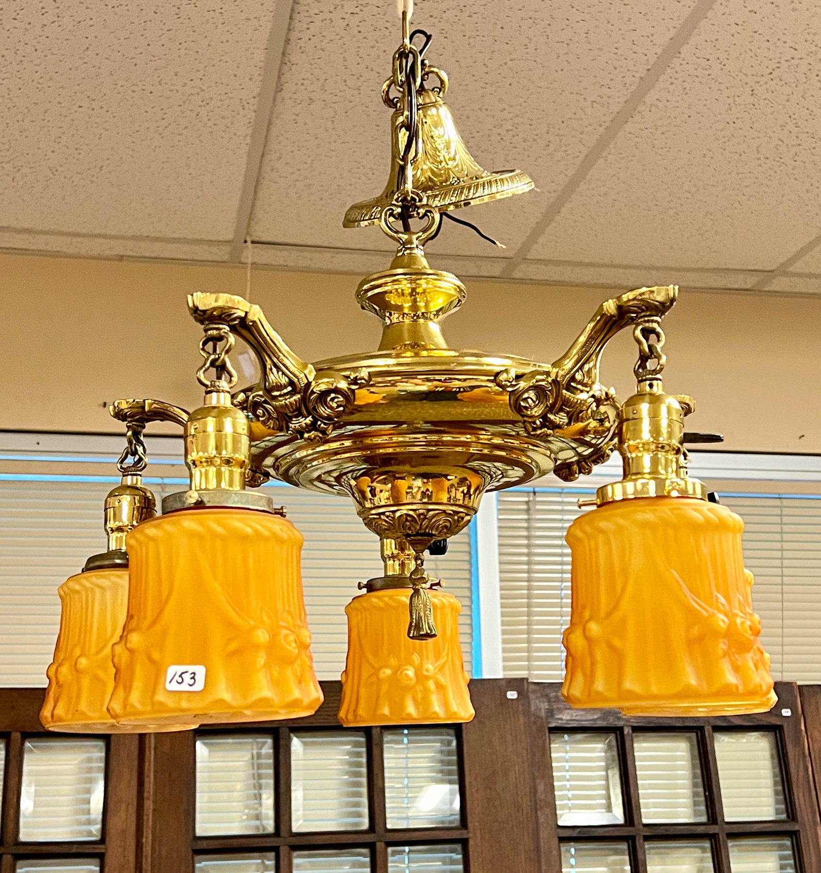 Brass Hanging with 5 Pressed Satin Glass Shades C.1905 (1 of 10)