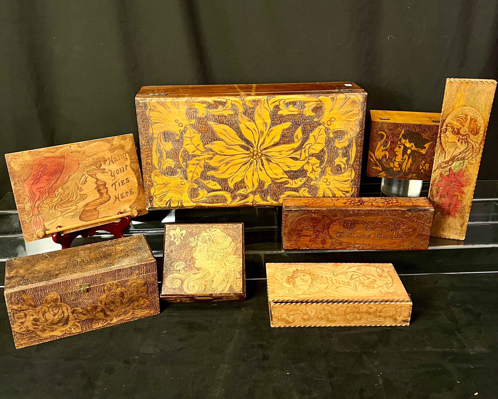 Pyrography and Flemish Art Wood Boxes and Tie Rack, Folk Art Group (1 of 17)