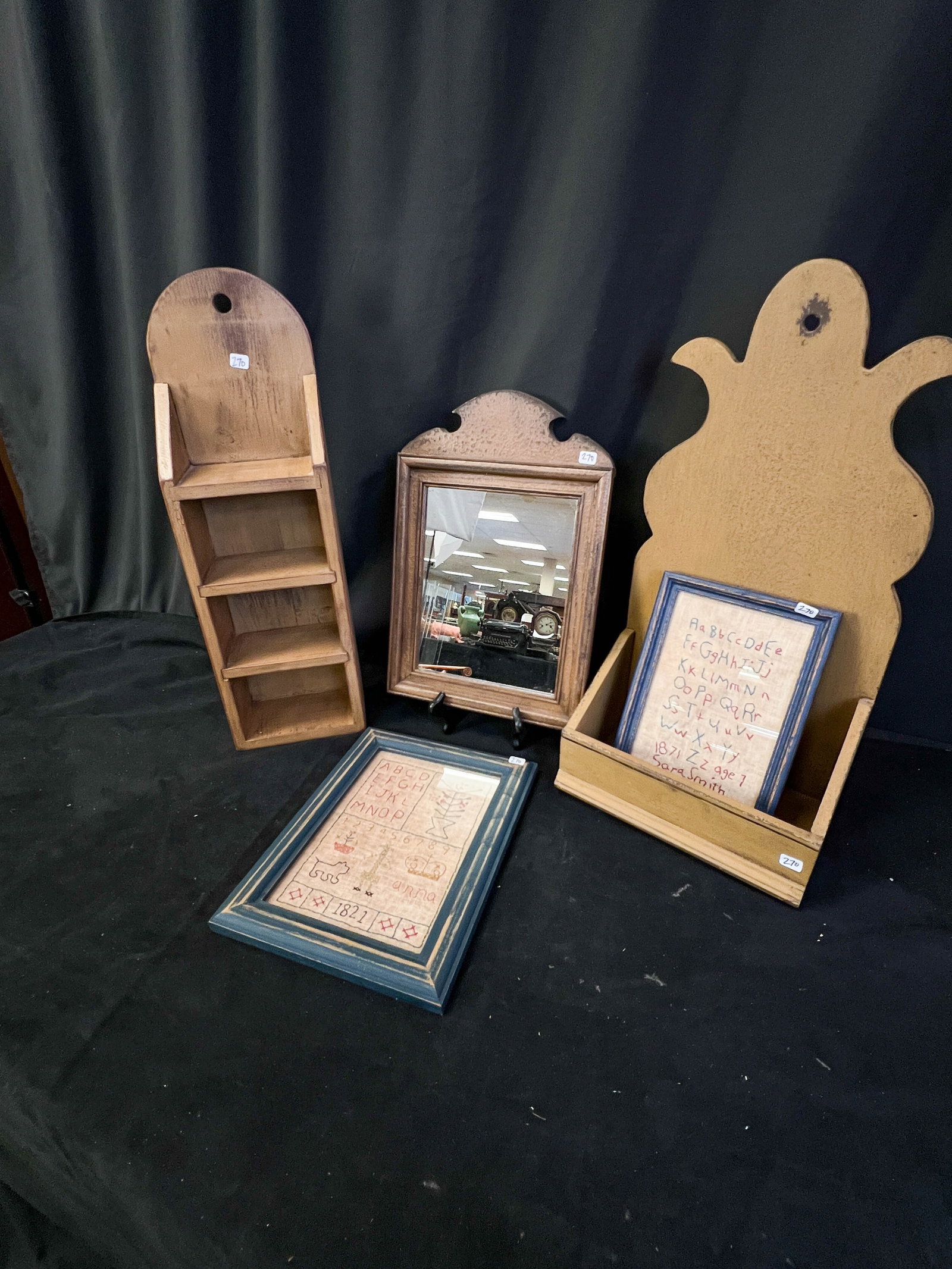 Colonial Style Hand Made Group of Samplers, Combox and Shelf, More!: This group of Colonial style hand made home goods include a pair of hand sewn framed samplers by Fanny Turgeon (12.5" tall X 9.5" across, 10" T X 7" across), a Colonial Wood works wall hung comb box (