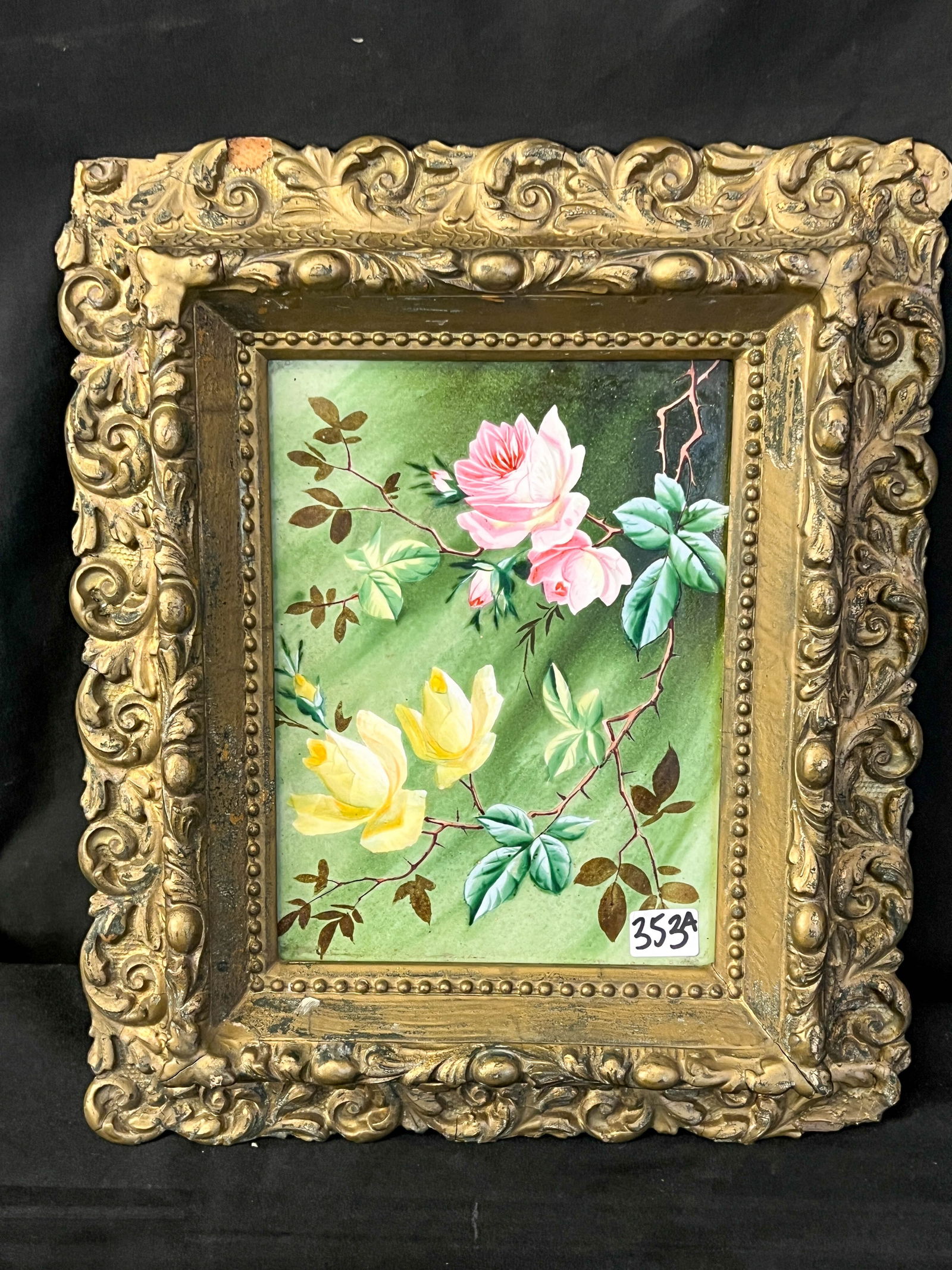 Rose Painting On Porcelain, in Period Frame C. 1850-1860's (1 of 4)
