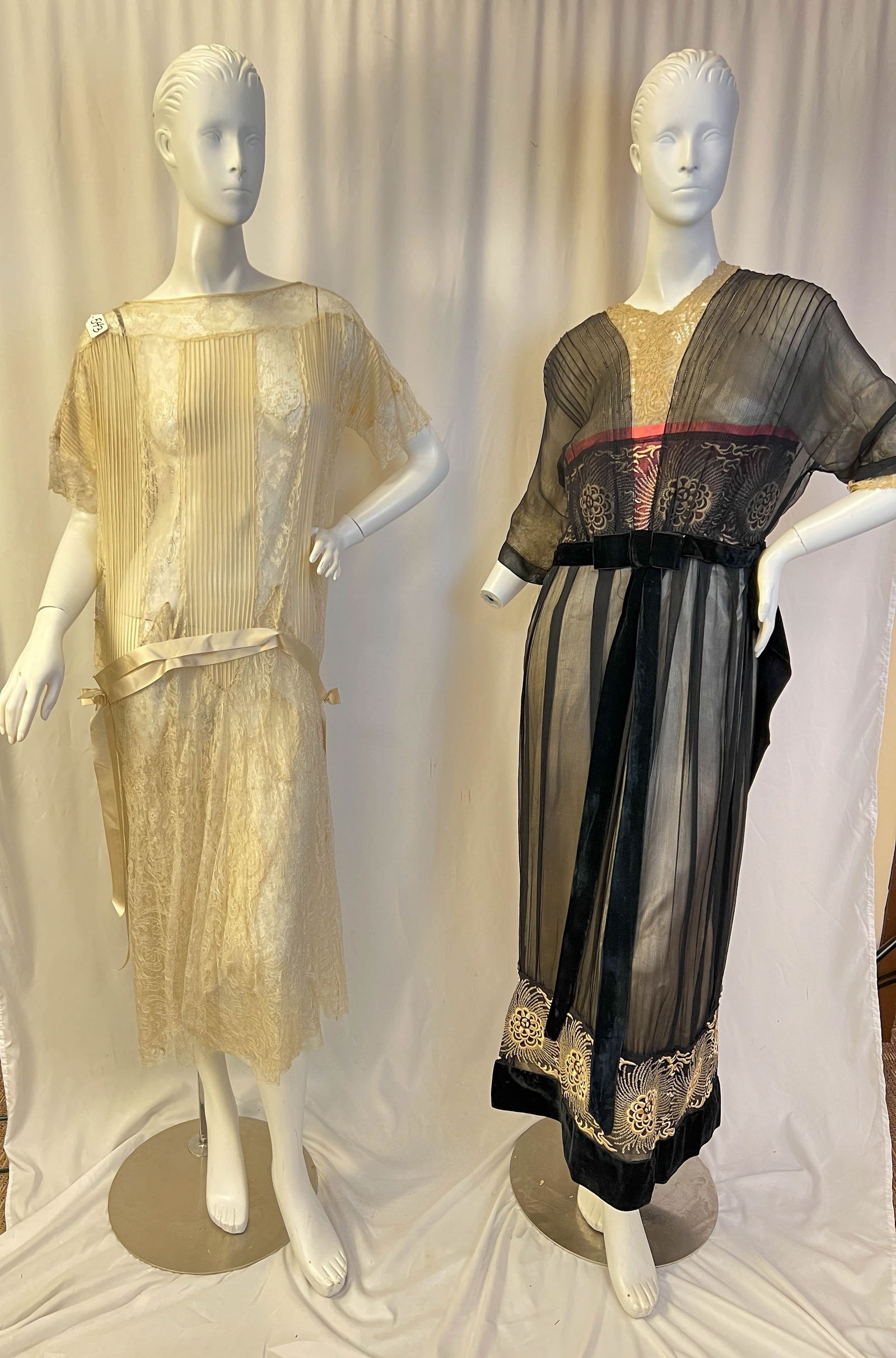 Edwardian Silk and Velvet Embroidered Evening Gown and 1920's Lace Flapper Dress (1 of 19)