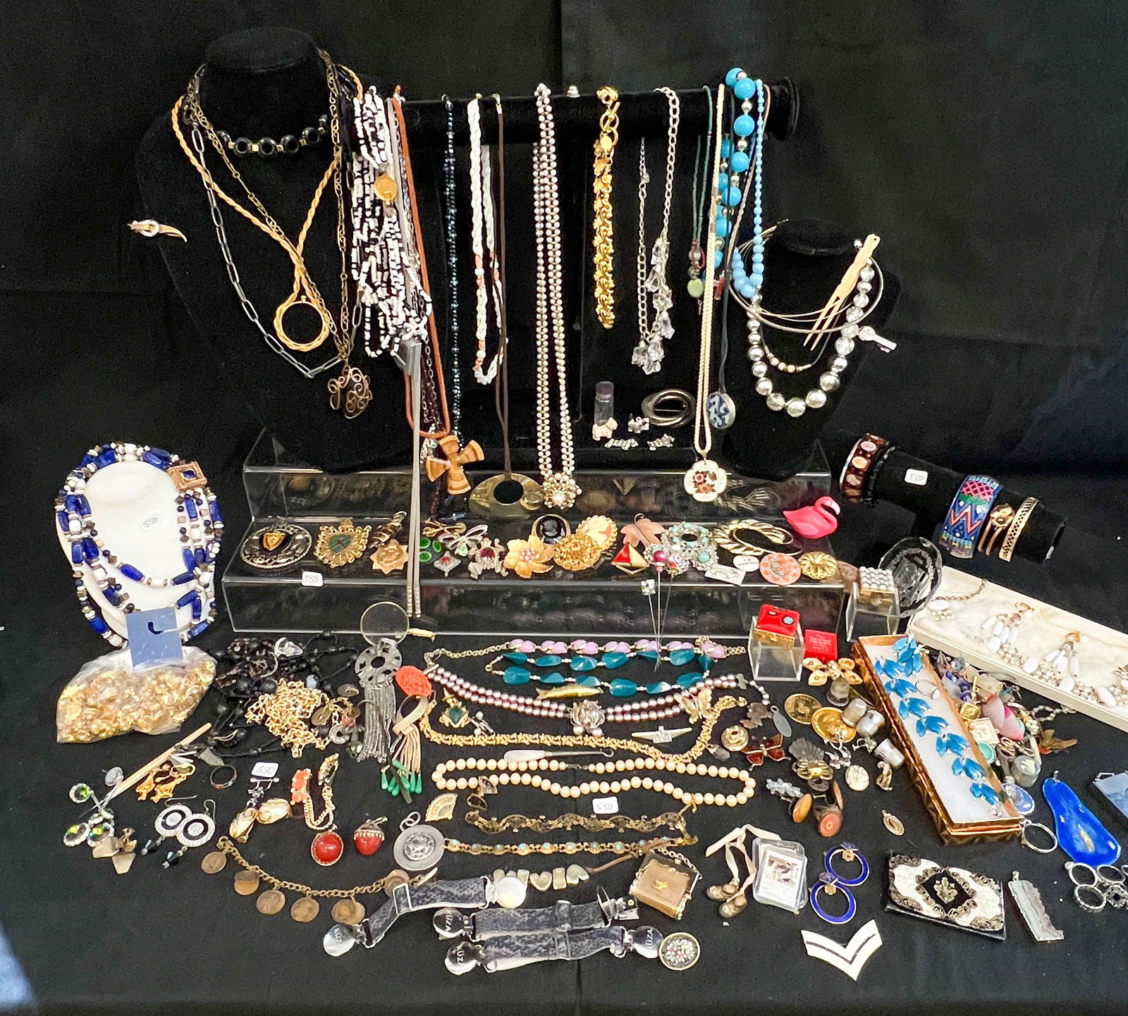 Huge Group of Costume Jewerly: This huge group of costume jewelry includes pendants, earrings, chains, brooches, bracelets, 2 1950's earring and necklace sets, pill boxes, pearls, a micro mosaic broach, beads, some sterling rings,
