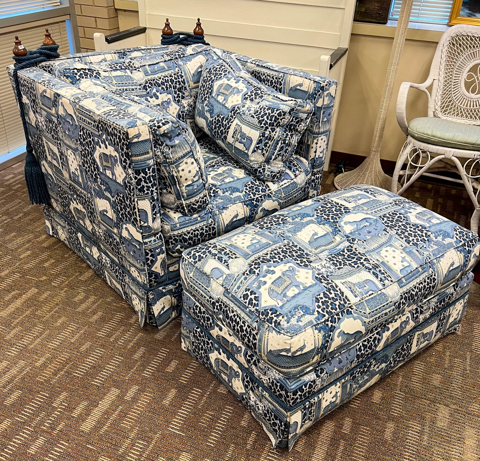 Elephant Toile Upholstered Chair and Ottoman (1 of 8)