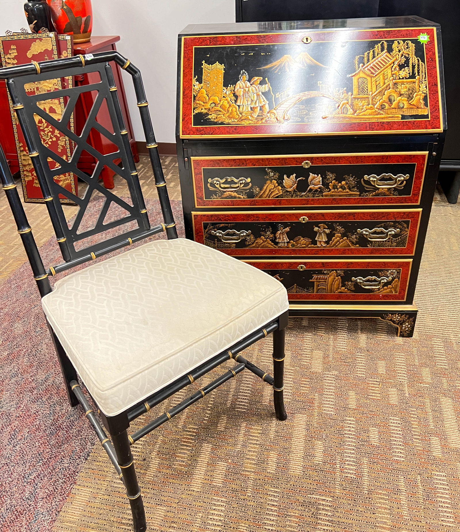 Chinese Laquered Drop Front Desk and Chair (1 of 11)