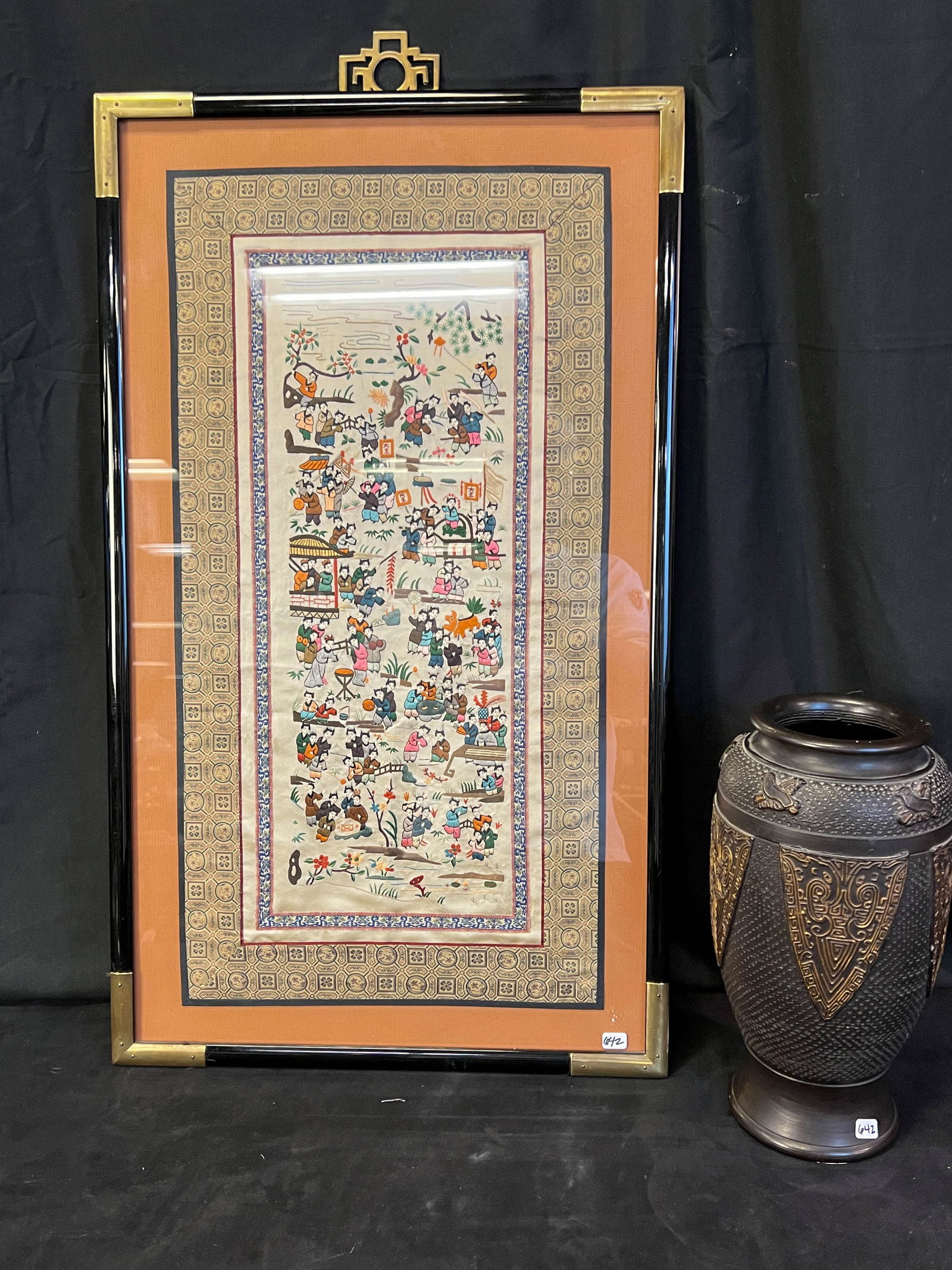 Japanese Tokanabe Ware Vase and Framed Silk Embroidery (1 of 7)