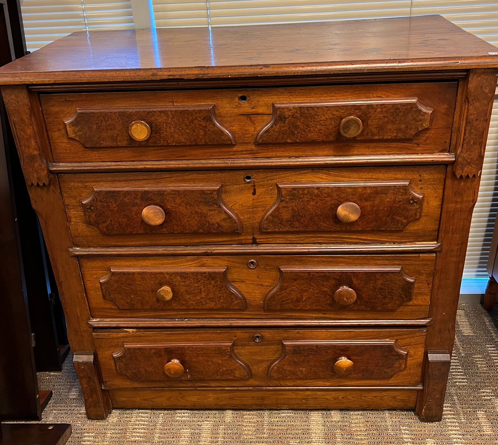 Walnut Burled Paneled 4 Drawer Dresser: This walnut 4 drawer burled paneled dresser has wooden knobs and dovetailed drawers. House Ready, refinished.