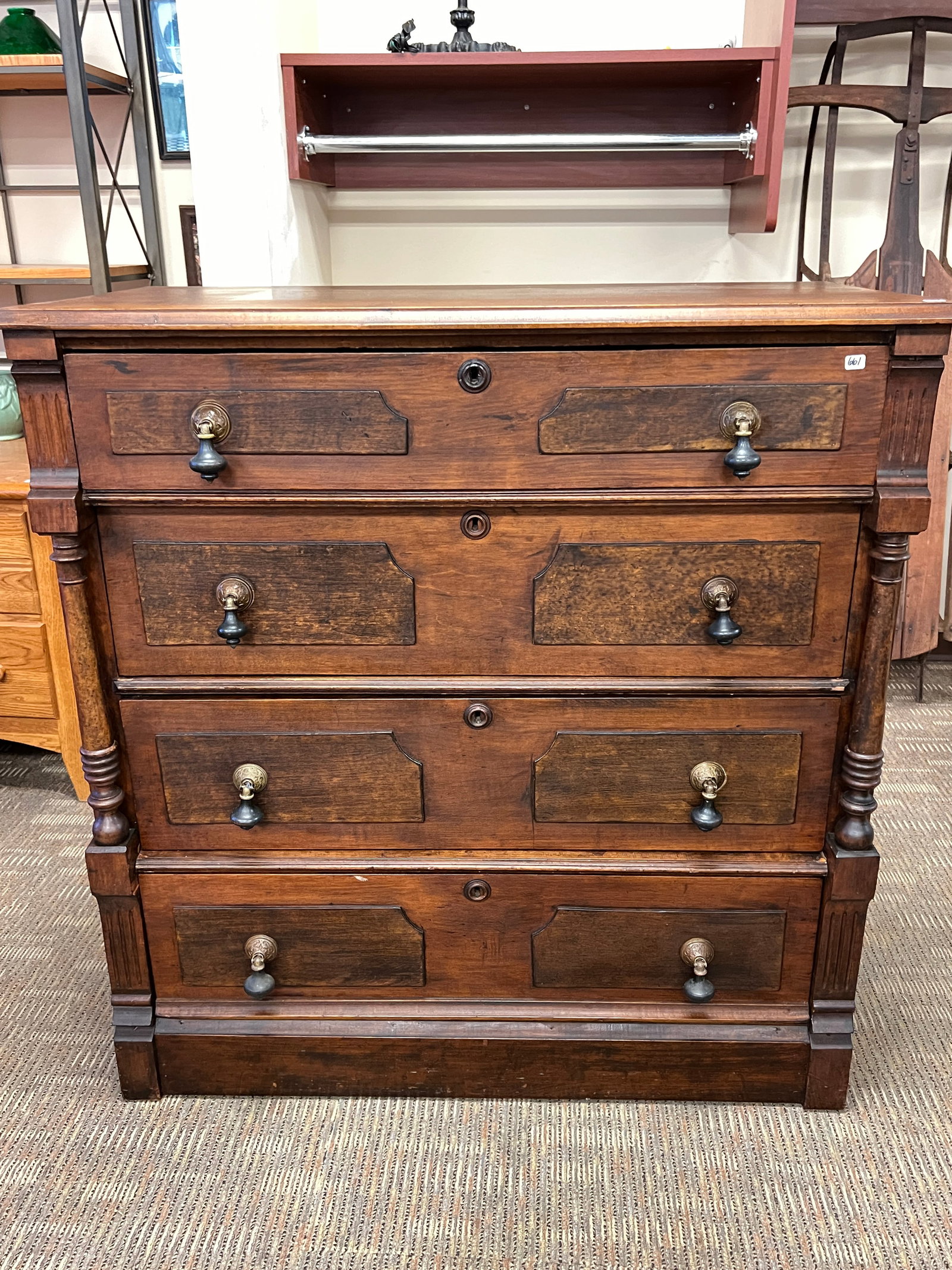 Walnut 1880's dresser w Teardrop Pulls: This walnut 4 drawer dresser has burled front panels, pegged drawer construction, and teardrop shaped pulls. It measures 38" tall X 37" across X 19" deep. As Found, Good, House ready, Used