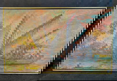 Hasim "Sumatra Boats" Oil on Canvas C.1950's