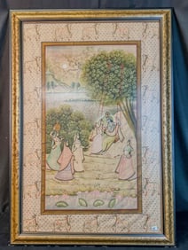 Indian Mughal Painting on Silk of Krishna and Radha 19th C.