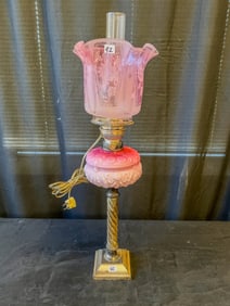 Electrified Oil Lamp with Pink Case Glass