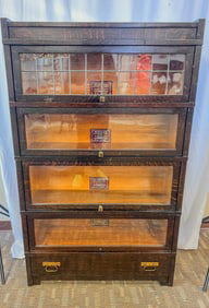 Mission Oak Standing Bookcase with Leaded Glass Door