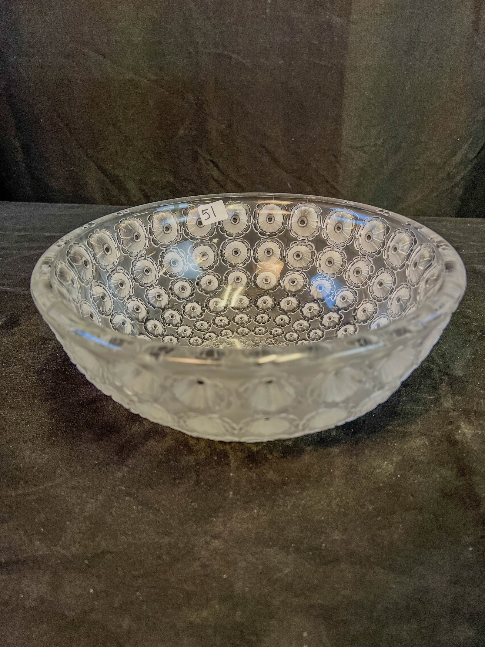 Lalique "Nemours" Crystal Bowl: This large Lalique "Nemours" crystal bowl has poppy floral indentations with center enameling. In excellent condition, it measures 4" tall X 10" across.