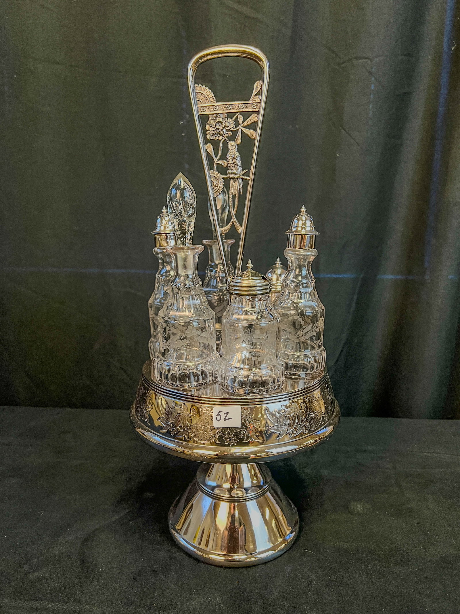 Victorian Fancy Spinning Crystal Condiment Server: This fancy Victorian spinning crystal condiment set has been professionally re-silvered and features a bird of paradise handle in excellent condition.