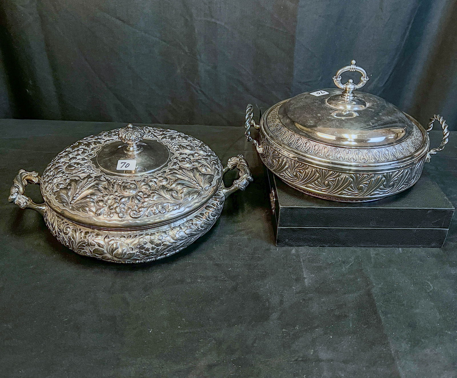 2 Victorian Silver Plate Elaborately Chased Lidded Serving Dishes c.1900 (1 of 12)