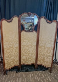 French Floral Carved 3 Part Screen with Mirrored, Silk Panels c.1880's