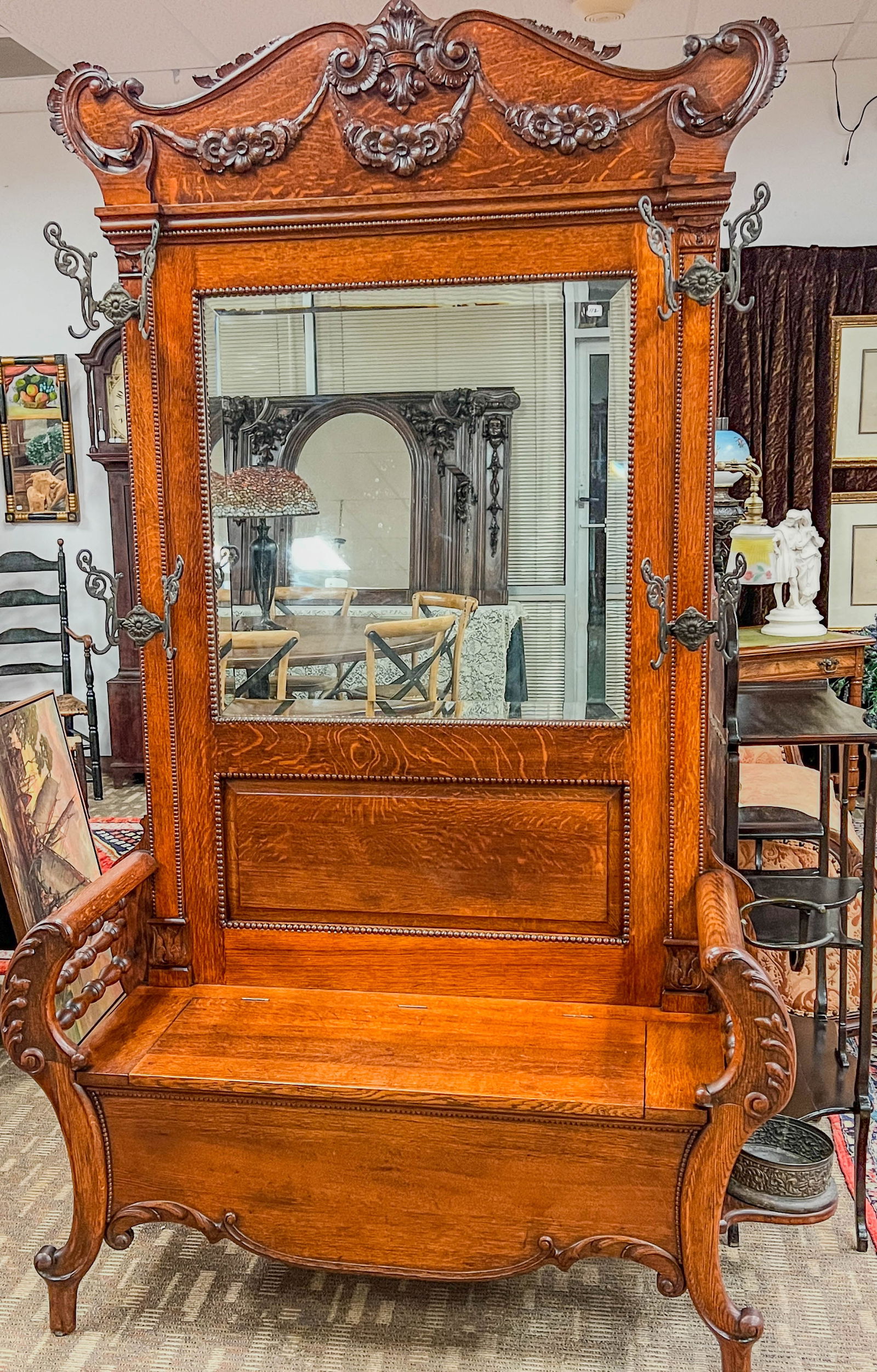 Victorian Tiger Oak Hall Tree with Fancy Brass Hooks c.1880's (1 of 15)
