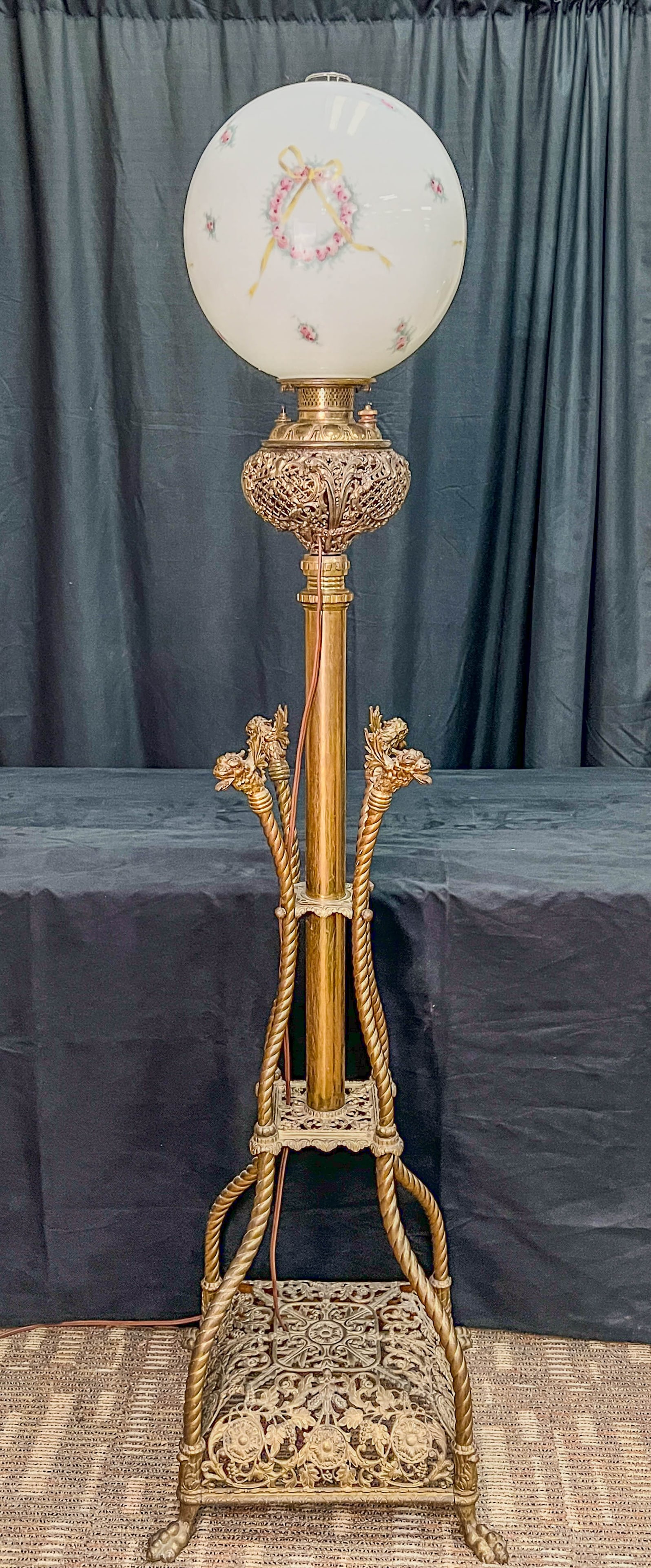 Victorian Electrified Piano Lamp w/ Fancy Hand Painted Shade c.1880's (1 of 14)