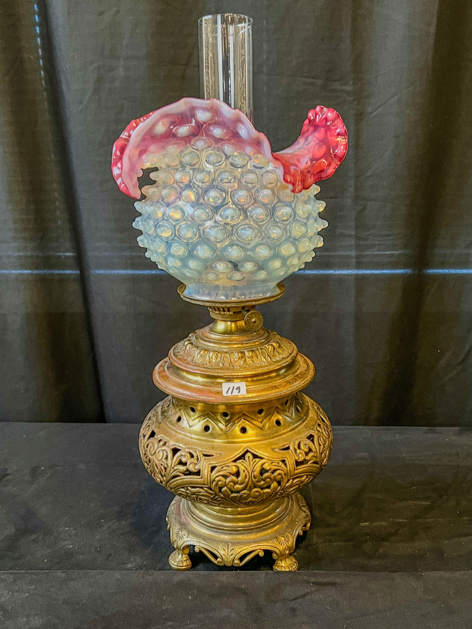 Pierced Brass Oil Lamp with Opalescent Hobnail Shade (1 of 8)