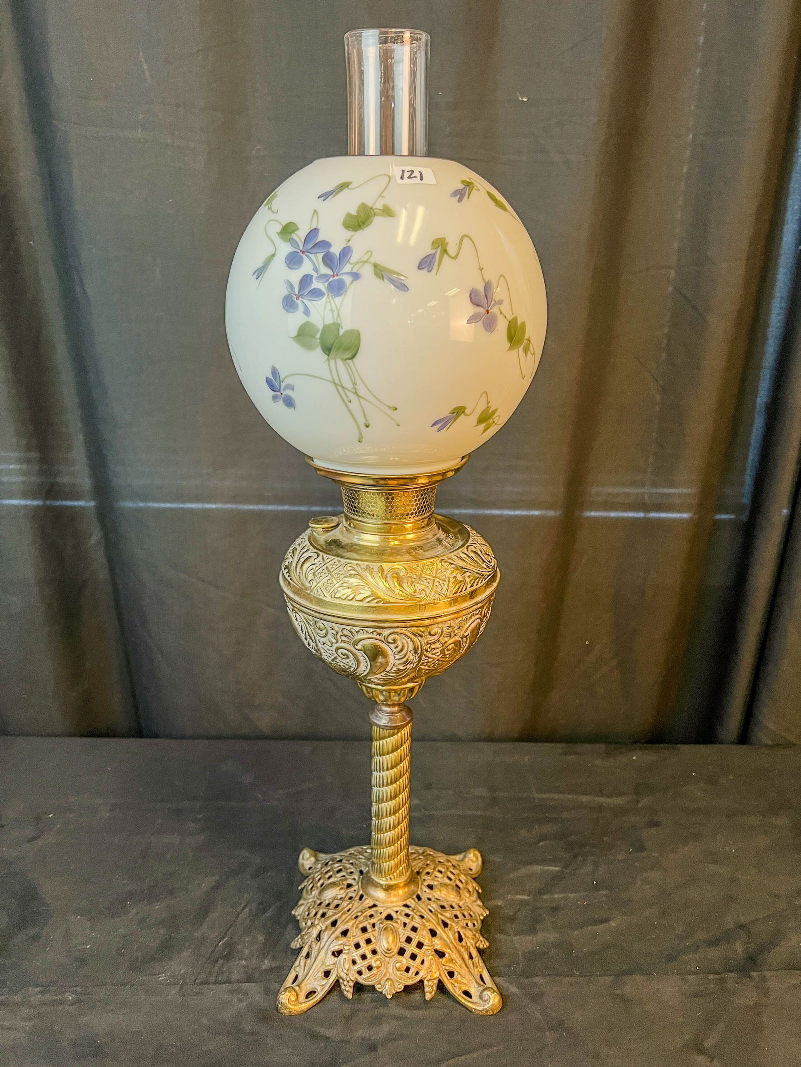 Antique Banquet Oil Lamp with Painted Floral Shade (1 of 12)