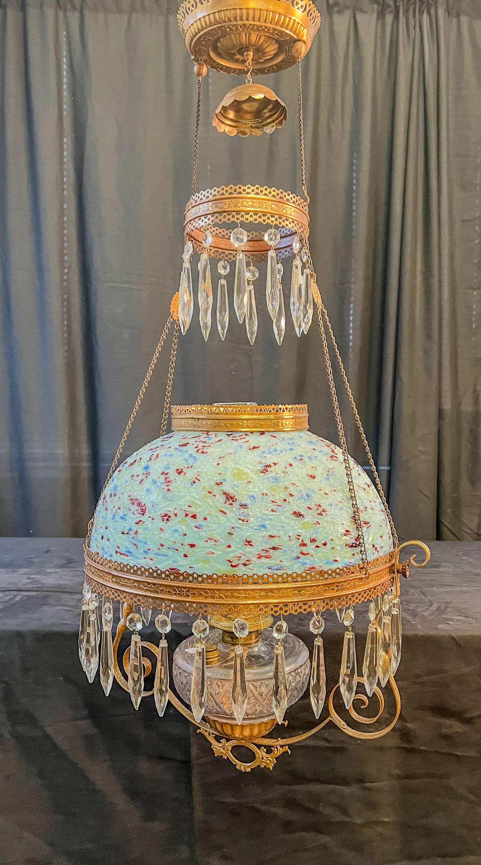 Victorian Hanging Oil Lamp Fixture with Extremely Rare Shade (1 of 14)