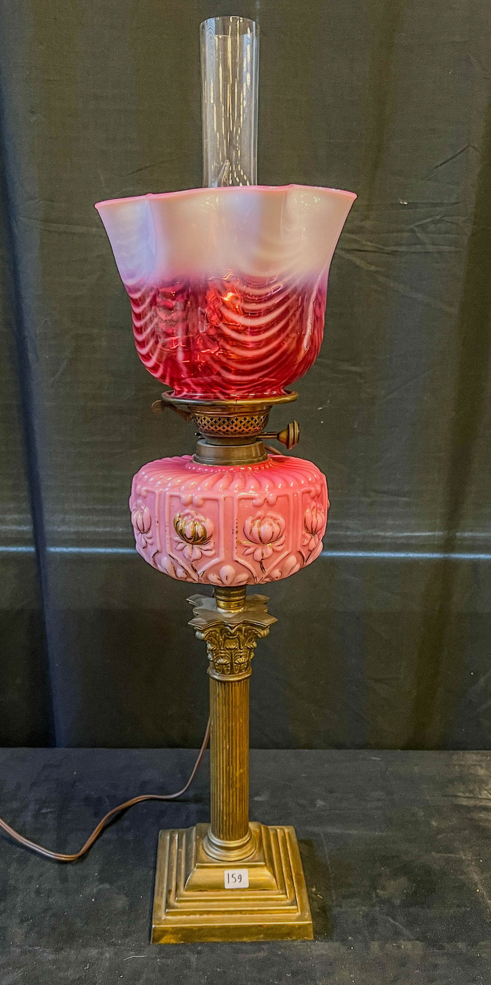 English Pink Case Glass and Cranberry Swirl Duplex Oil Lamp (1 of 9)