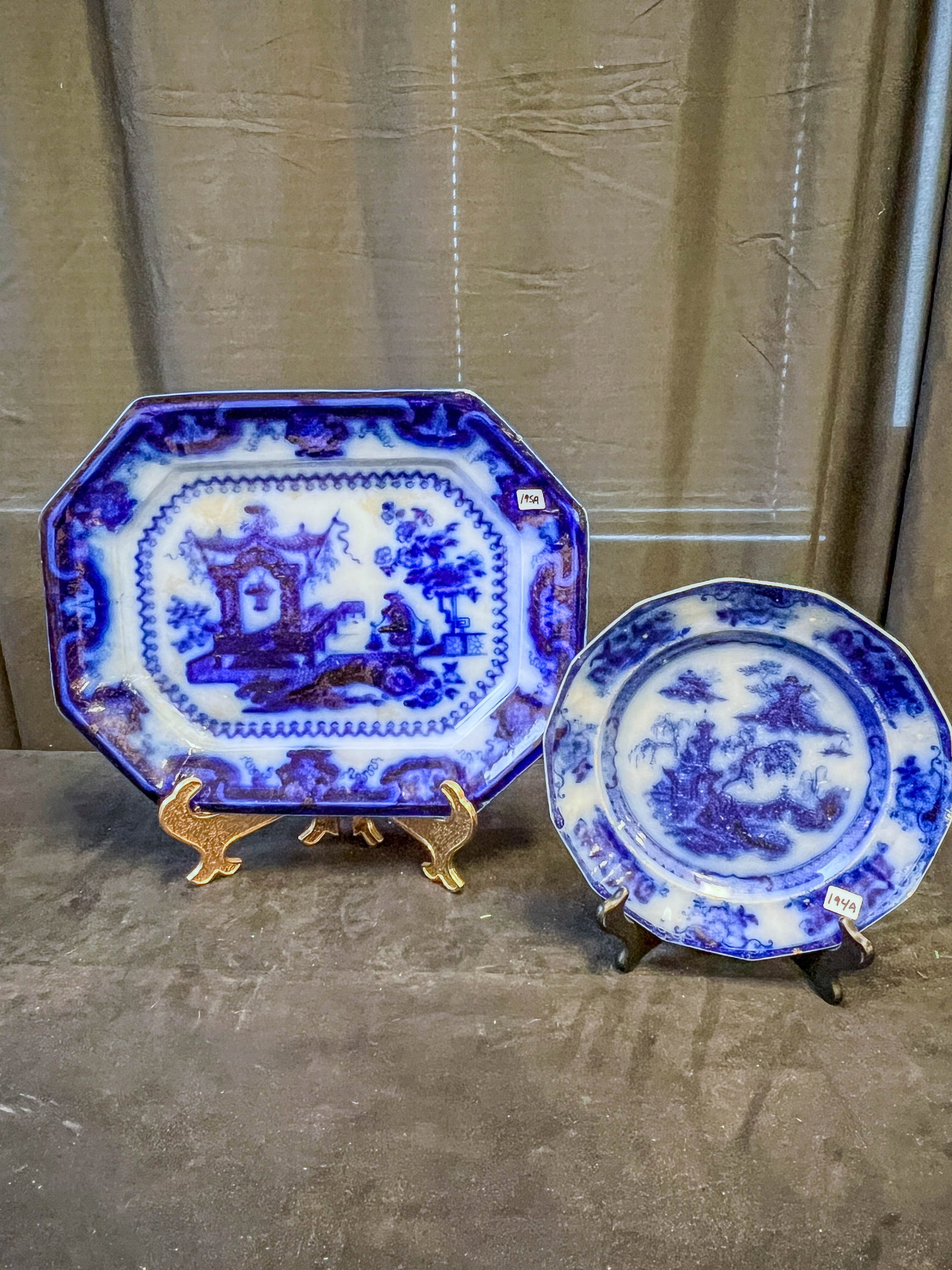 Flow Blue F.  Challingor Platter and Plate c. 1820/30's (1 of 13)
