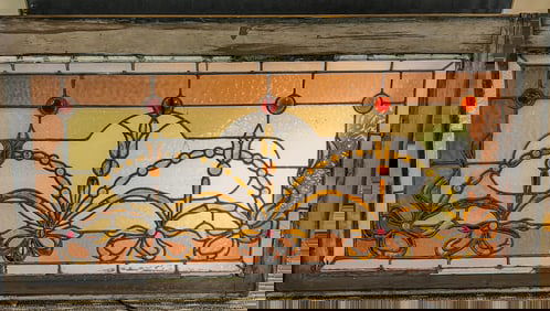 Victorian Stained and Jeweled Leaded Glass Transom Window