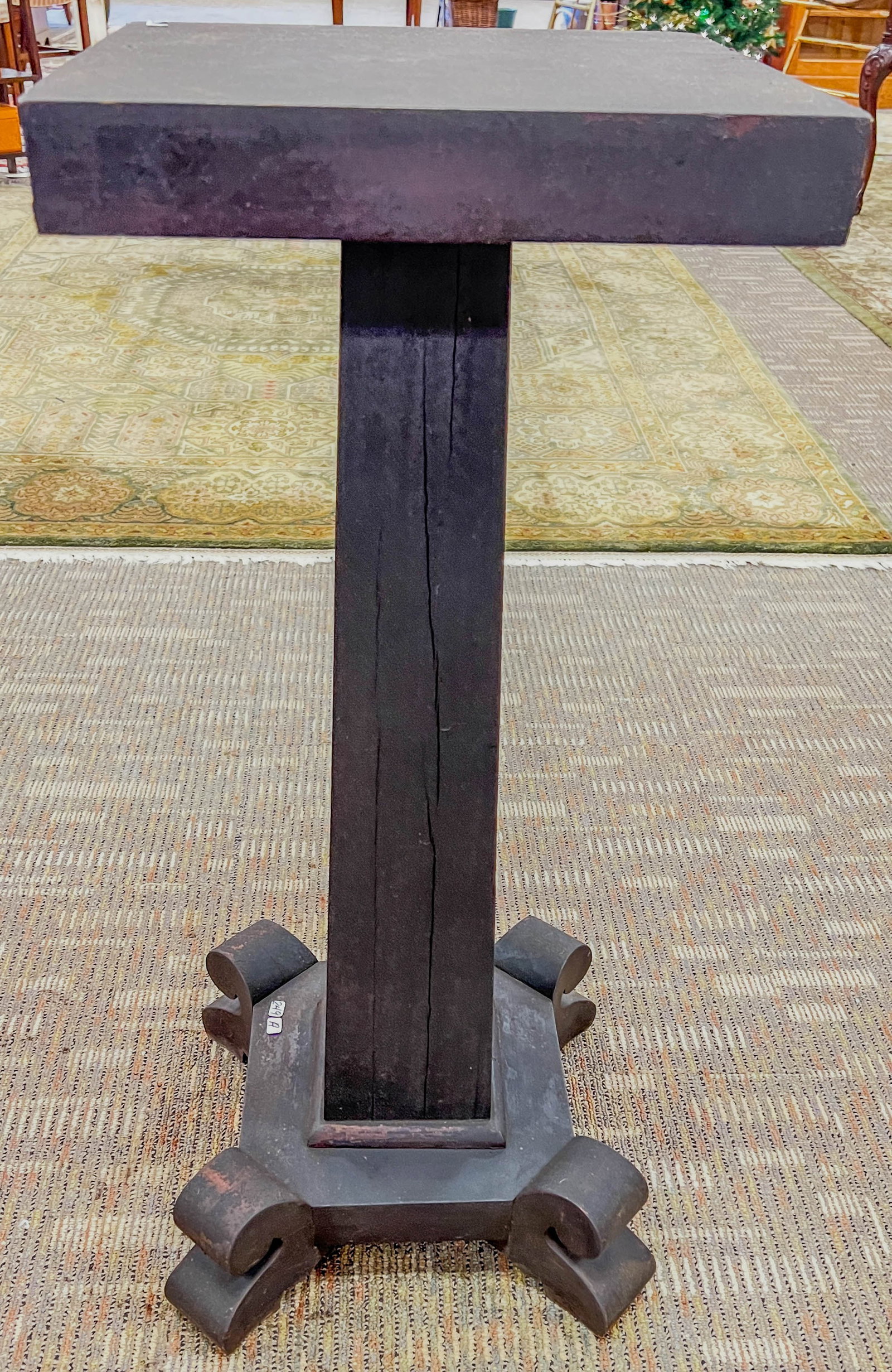 Arts and Crafts Plant Pedestal: An Arts and Crafts plant pedestal in oak in original finish. Some minor veneer losses noted, measures 35" tall X 14" square.