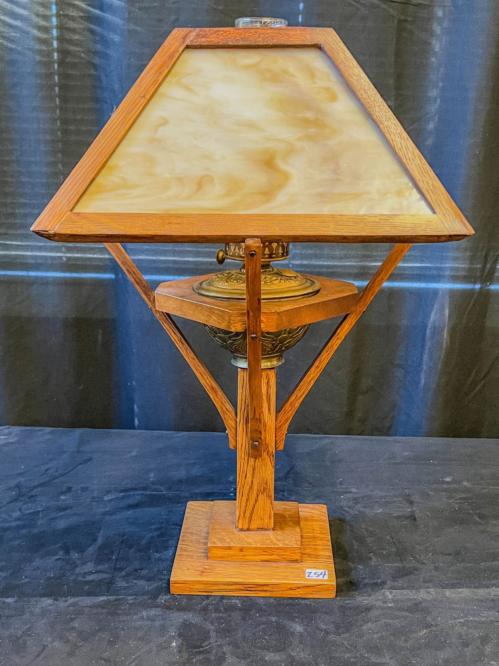 Arts and Crafts Oak Slag Panel Oil Lamp, Original Condition (1 of 7)